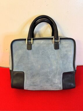 LOEWE Amazona 32 Blue Suede Leather Embossed Logo Hand Bag Boston (Flawed)